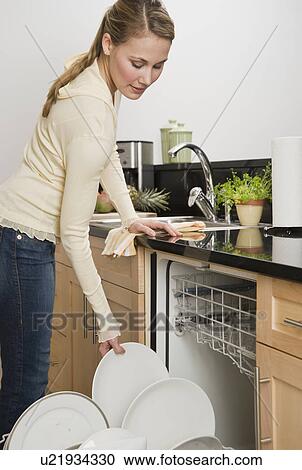 Woman loading dishwasher View Large Photo Image Stock Image - Woman loading dishwasher. Fotosearch