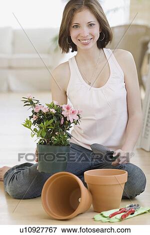 Woman potting plant View Large Photo Image Stock Photo - Woman potting plant. Fotosearch