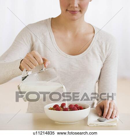 Woman pouring milk on cereal View Large Photo Image Stock Photography - Woman pouring milk on cereal. Fotosearch