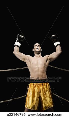 Boxer celebrating in corner of boxing ring View Large Photo Image Stock Photography - Boxer celebrating in corner of boxing ring. Fotosearch