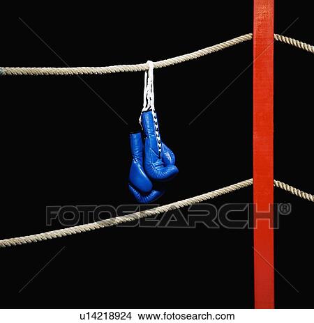 Picture - Boxing gloves hanging from boxing ring. Fotosearch