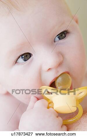 Close up of baby with pacifier View Large Photo Image Stock Photo - Close up of baby with pacifier. Fotosearch