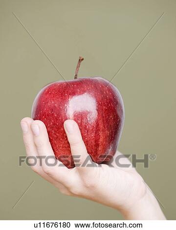 Stock Image - Close up of child holding apple. Fotosearch