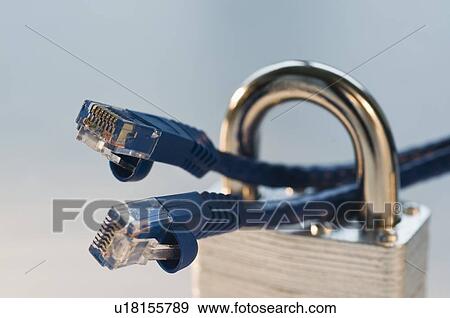 Stock Photo - Close up of lock and ethernet cables. Fotosearch