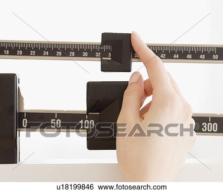 Stock Photograph - Close up of woman’s hand on scale. Fotosearch