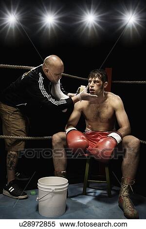 Stock Photography - Coach wiping boxer with sponge in corner of boxing ring. Fotosearch