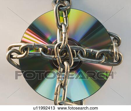 Stock Image - Compact disc locked with metal chain. Fotosearch