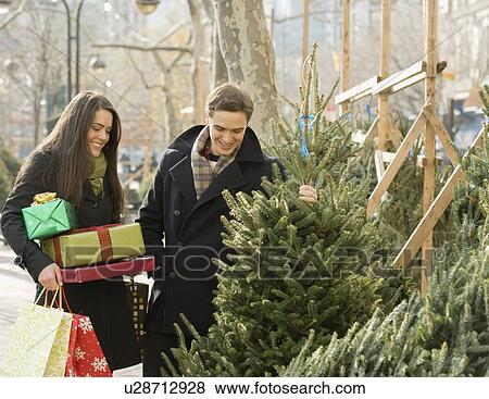 Couple shopping for Christmas trees View Large Photo Image Stock Photo - Couple shopping for Christmas trees. Fotosearch
