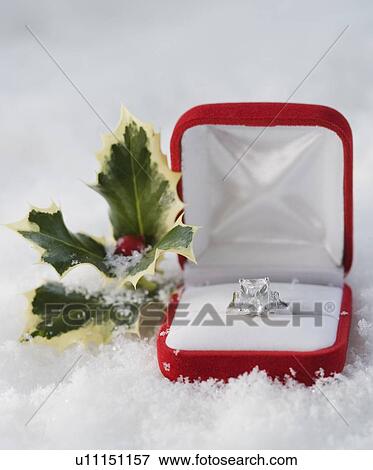 Stock Photo - Engagement ring in box in snow. Fotosearch