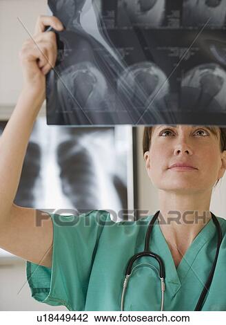 Stock Image - Female technician examining x-ray. Fotosearch