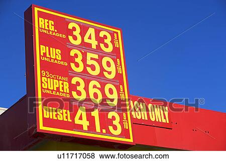 Stock Photo - Gasoline prices advertised on gas station sign. Fotosearch