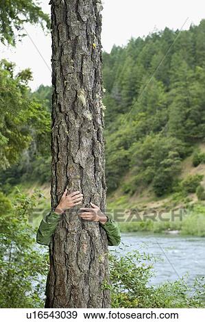 Stock Photo - Hiker hugging tree. Fotosearch