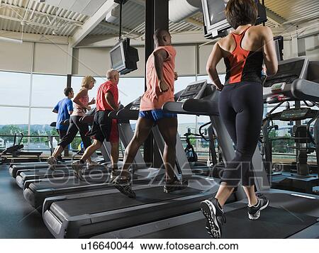 Picture - Men and women running on treadmills. Fotosearch