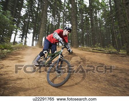 Mountain biker speeding down forest trail View Large Photo Image Stock Photography - Mountain biker speeding down forest trail. Fotosearch