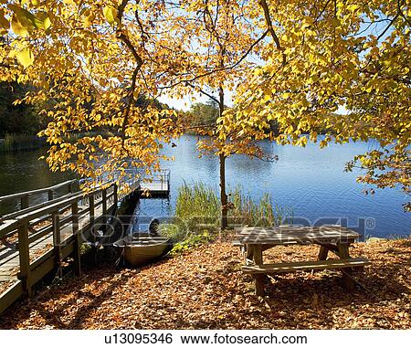 Stock Photograph - Picnic bench in autumn leaves near dock and lake. Fotosearch