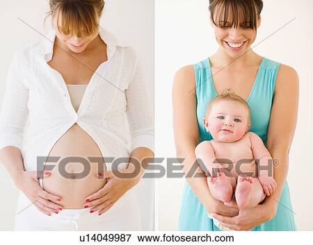 Stock Photo - Pregnant woman next to mother holding baby. Fotosearch