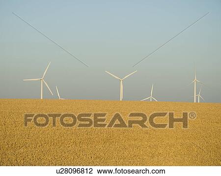Stock Image - Row of windmills on wind farm. Fotosearch