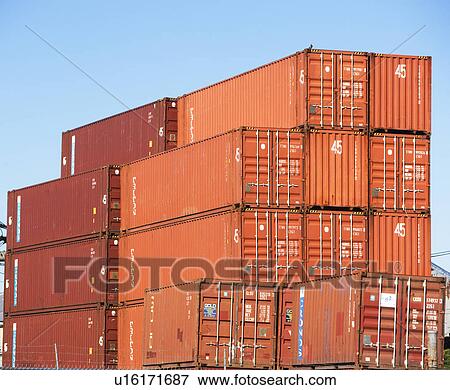 Stacked cargo containers View Large Photo Image Stock Photo - Stacked cargo containers. Fotosearch