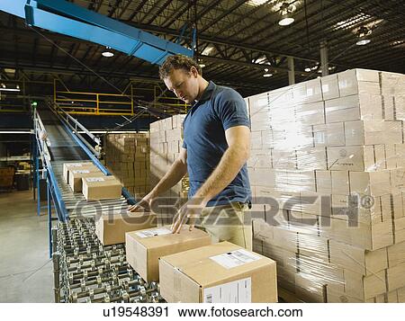 Warehouse worker checking packages on conveyor belt View Large Photo Image Stock Image - Warehouse worker checking packages on conveyor belt. Fotosearch