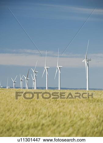 Stock Photo - Windmills in a row on wind farm. Fotosearch