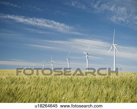 Windmills in a row on wind farm View Large Photo Image Stock Photography - Windmills in a row on wind farm. Fotosearch