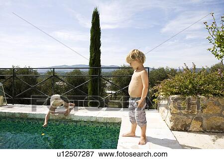 Stock Photo - 2 boys at pool. Fotosearch