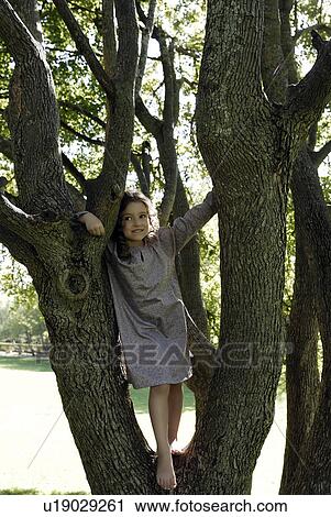 Stock Image - 5 years old girl standing by a tree. Fotosearch