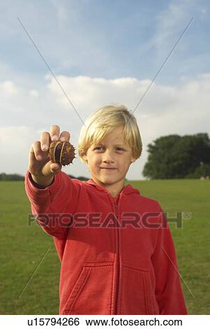 Stock Photograph - boy holding conker. Fotosearch