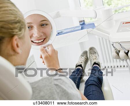 Stock Image - Dental patient looking at a mirror. Fotosearch