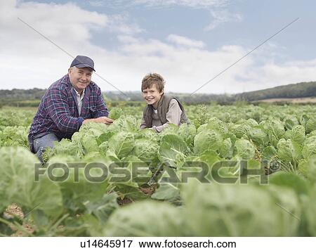 Stock Photo - Farmer And Son In Crop Field. Fotosearch