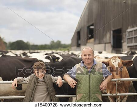 Stock Photo - Farmer And Son With Cows. Fotosearch