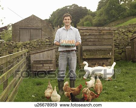 Stock Photo - Farmer With Eggs, Hens And Geese. Fotosearch