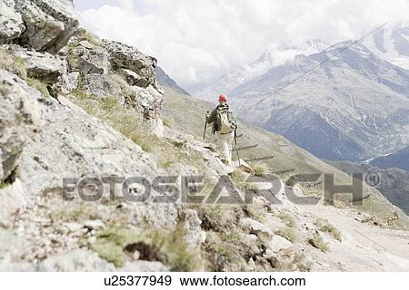 Stock Photo - girl at mountain peak viewing scenery. Fotosearch