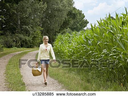Girl walking with a picnic basket View Large Photo Image Stock Photography - Girl walking with a picnic basket. Fotosearch