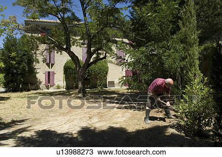 Stock Image - Provence house and gardener. Fotosearch