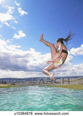 Woman jumping in swimming pool View Large Photo Image Stock Photo - Woman jumping in swimming pool. Fotosearch