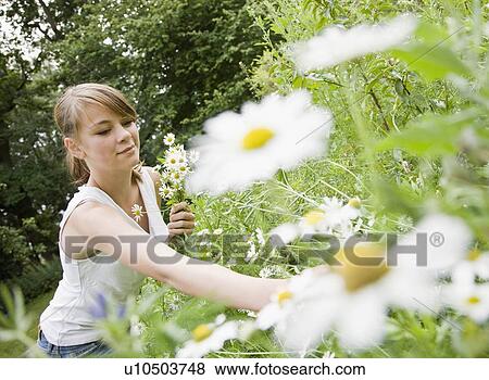 Stock Photo - Young girl picking flowers. Fotosearch