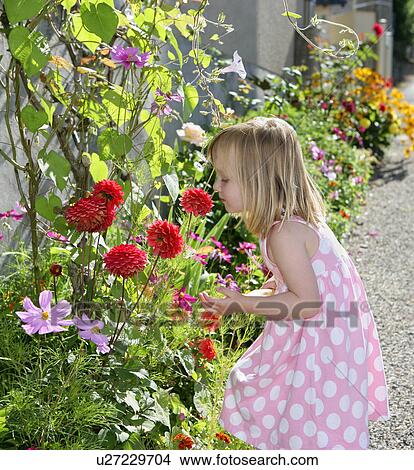 Picture - Young girl smelling flower. Fotosearch
