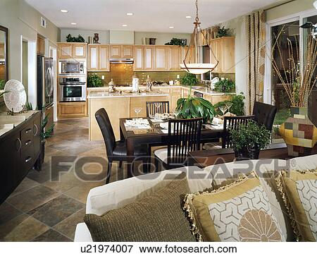 Stock Photo - Contemporary dining room and kitchen. Fotosearch