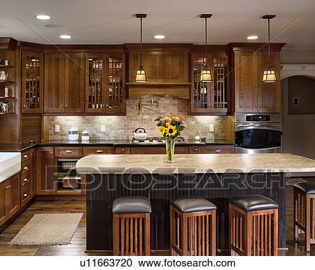 Contemporary kitchen with wooden cabinets View Large Photo Image Stock Image - Contemporary kitchen with wooden cabinets. Fotosearch