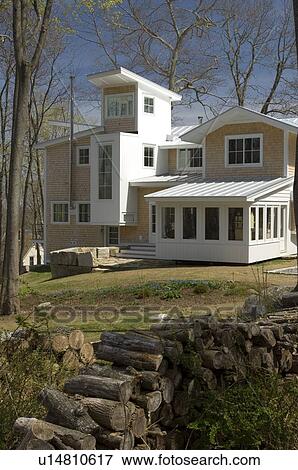 Contemporary multiple story shingle style house View Large Photo Image Stock Photo - Contemporary multiple story shingle style house. Fotosearch