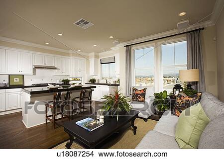Picture - Contemporary sitting room and kitchen. Fotosearch