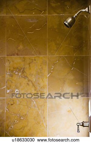 Stock Image - Detail chrome showerhead in tile shower. Fotosearch