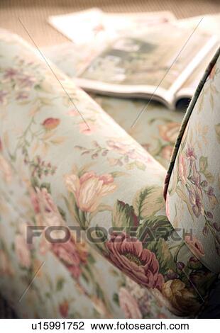 Stock Image - Detail floral print armchair. Fotosearch