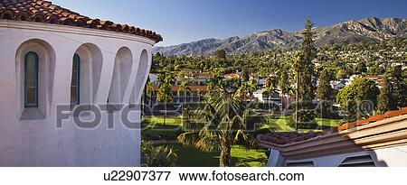 Stock Photo - Detail tower of Santa Barbara Courthouse and view of Santa Barbara. Fotosearch