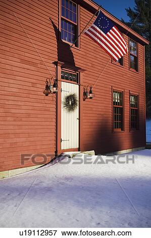 Front entrance to red saltbox style home View Large Photo Image Stock Photo - Front entrance to red saltbox style home. Fotosearch