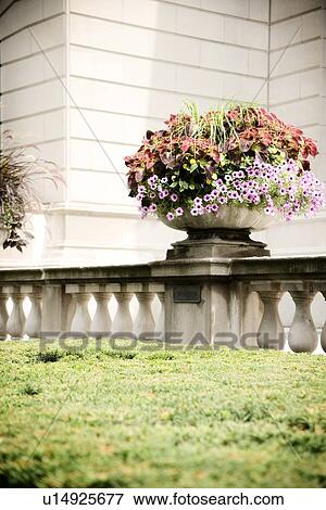 Stock Photo - Large flower arrangement on terrace railing. Fotosearch