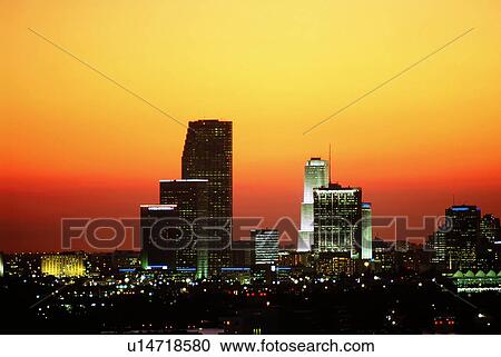 Miami skyline at sunset View Large Photo Image Stock Image - Miami skyline at sunset. Fotosearch