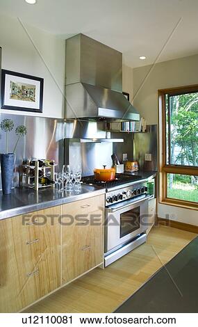 Modern kitchen with stainless steel countertop View Large Photo Image Stock Image - Modern kitchen with stainless steel countertop. Fotosearch