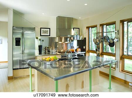 Stock Photo - Modern kitchen with stainless steel countertop. Fotosearch